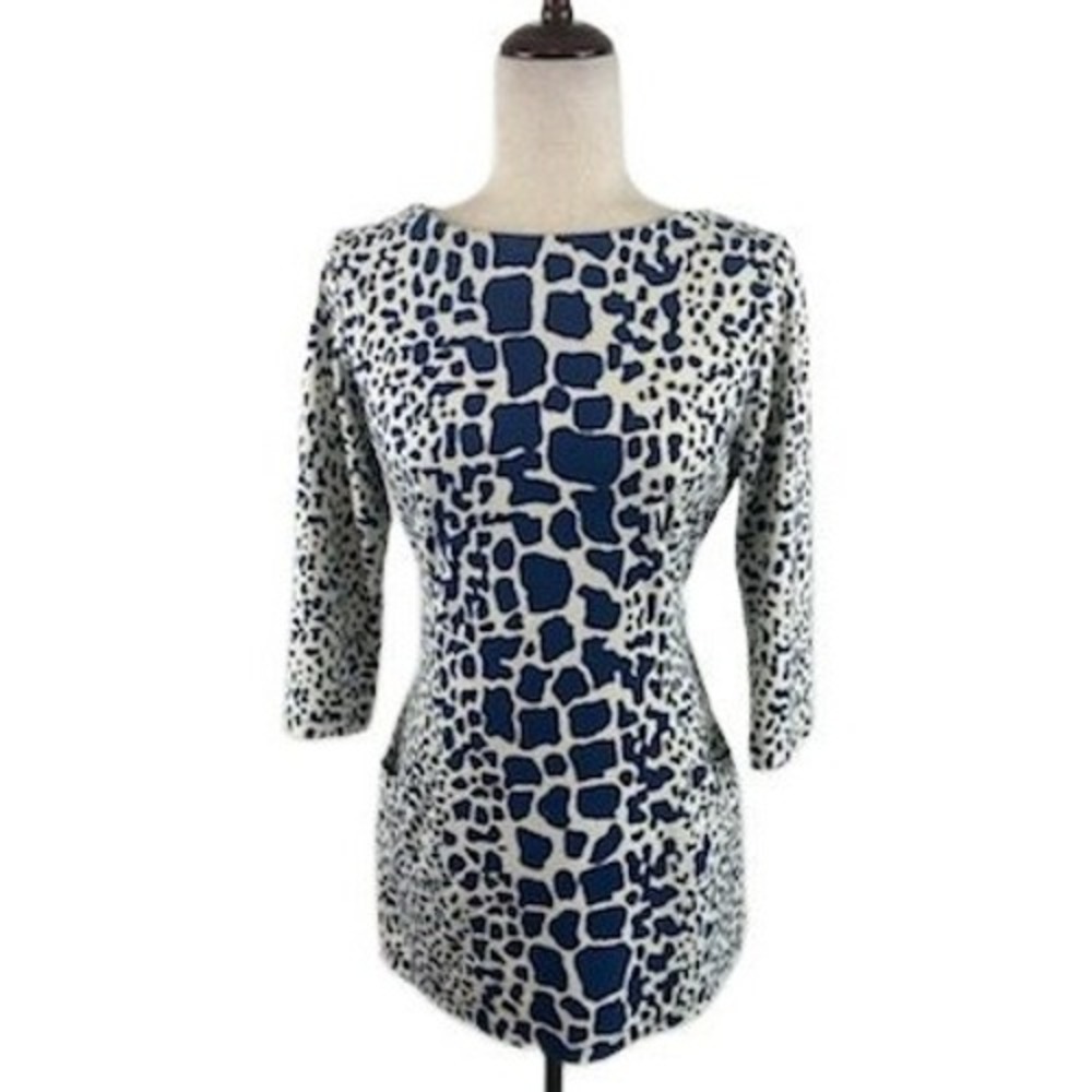 J.McLaughlin Dress Women's Size Medium Blue Giraffe Print 3/4 Sleeve Pockets